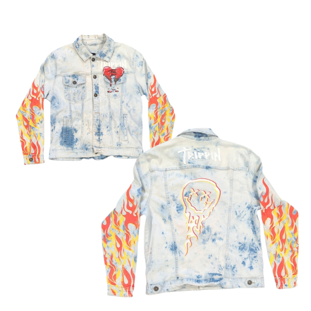 Denim Jean Graffiti Jacket Flame Trippin Waimea Sz L Large Grunge Acid Wash